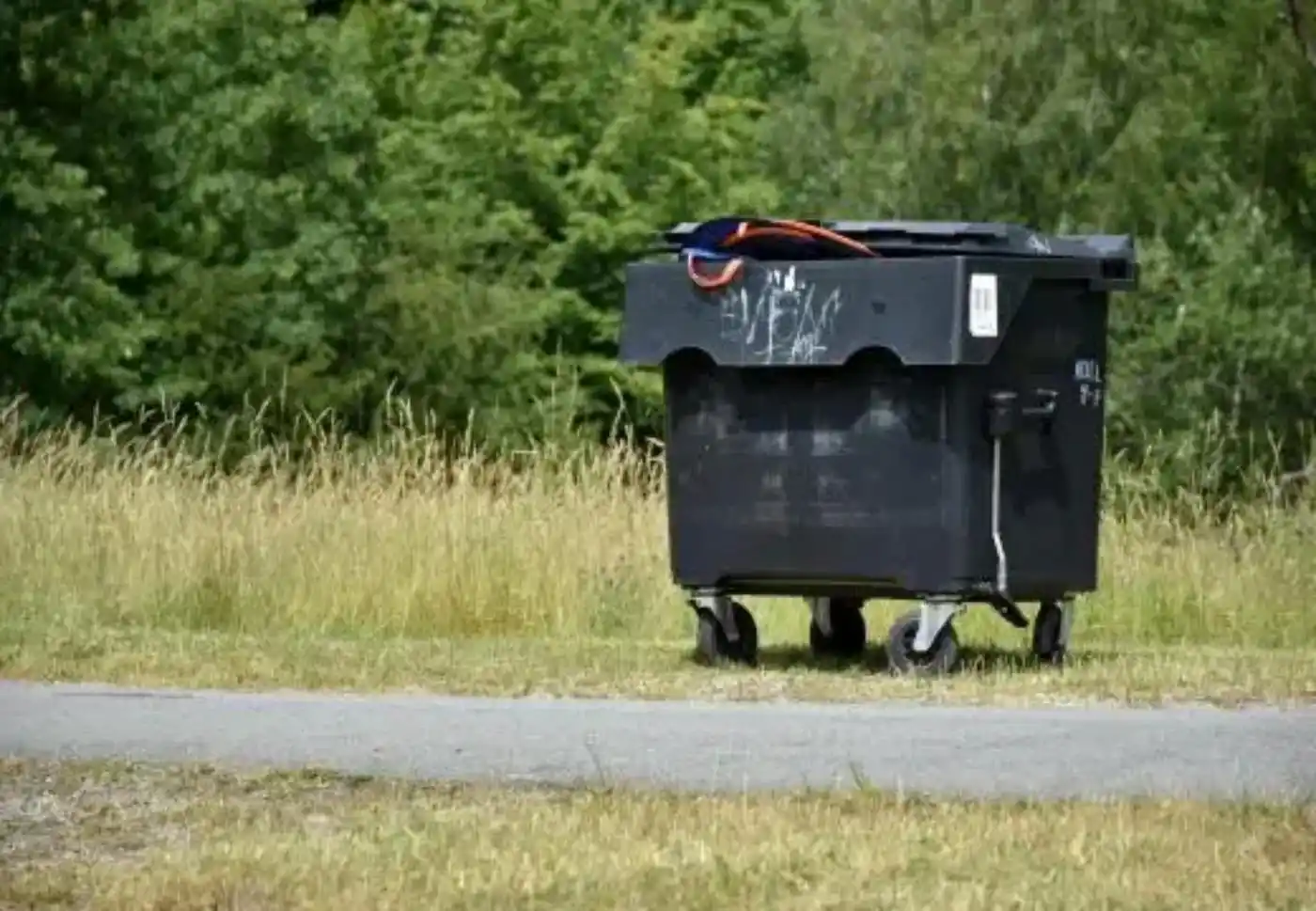 Large black skip bin placed on grass for cheapest skip bin hire townsville residential waste removal service